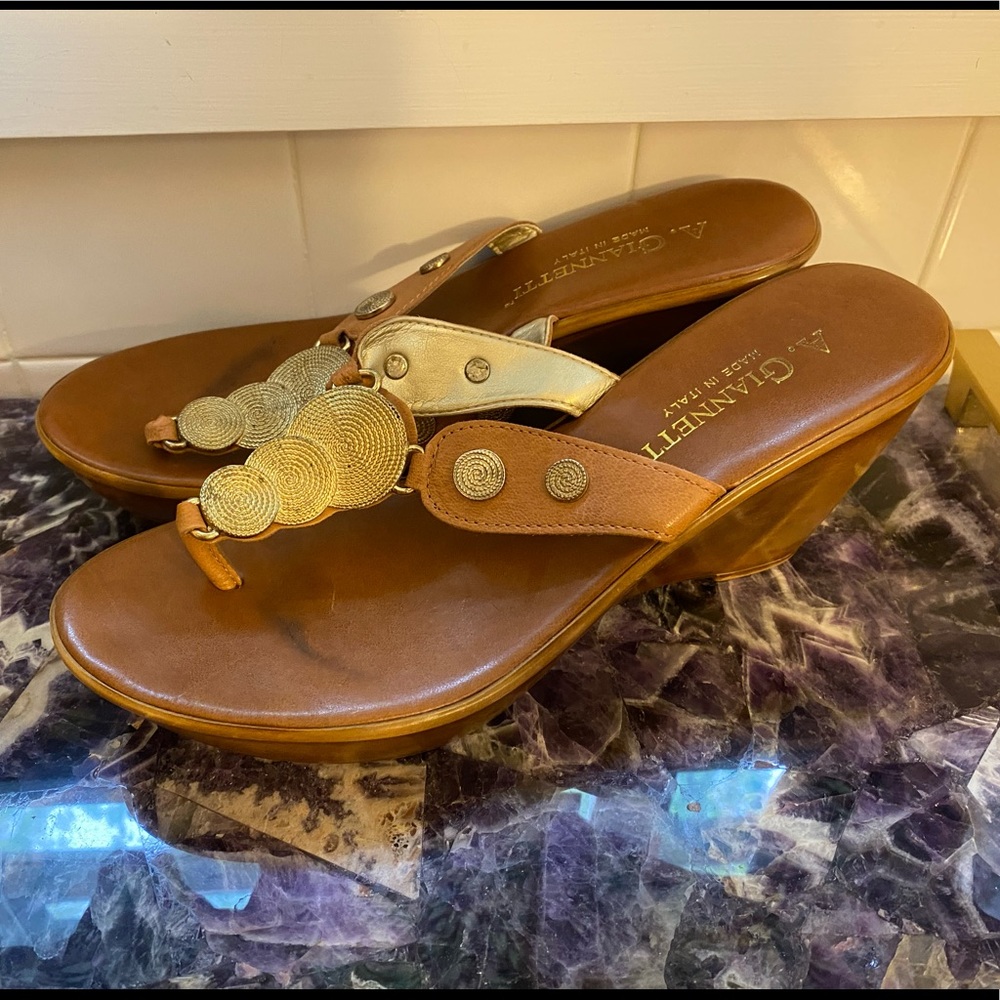 A. Giannetti wedge heel brown & gold embellished sandals